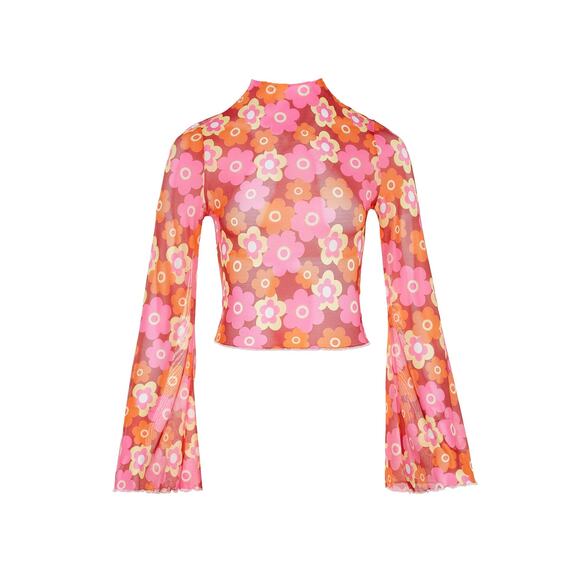 Verdusa Tops - Women's Bell Sleeve Lettuce Trim Mock Neck Floral Mesh Top Crop retro Pink Sz M
